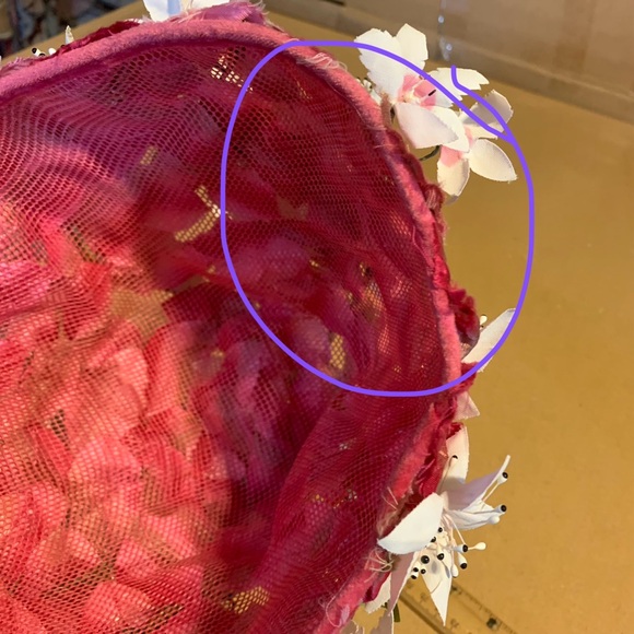 VINTAGE CIRCA 1960'S HANDCRAFTED PINK W/SILK FLOWERS CLOCHE HAT - Picture 9 of 10